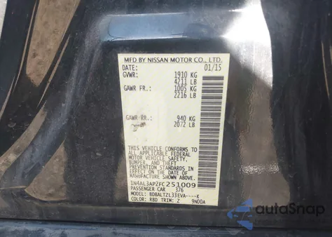 2015 Nissan Altima 2.5 Sl z USA, uszkodzony, nr VIN 1N4AL3AP2FC251009